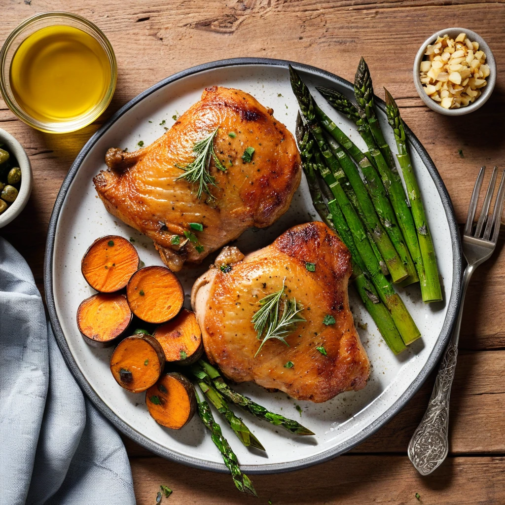 Baked Chicken Thighs with Roasted Sweet Potato and Asparagus