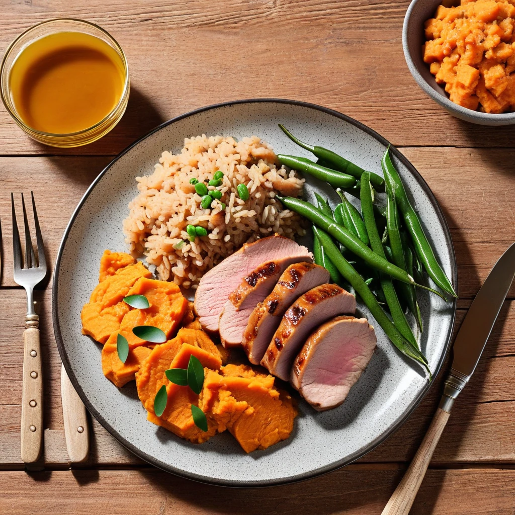 Pork Tenderloin with Sweet Potato Mash and Green Beans