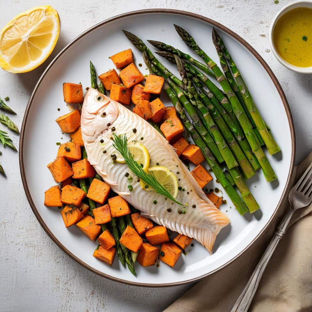 Baked Tilapia with Roasted Sweet Potato and Steamed Asparagus