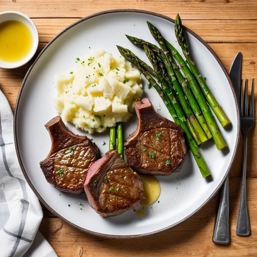 Lean Lamb Chops with Garlic Mashed Potatoes and Roasted Asparagus