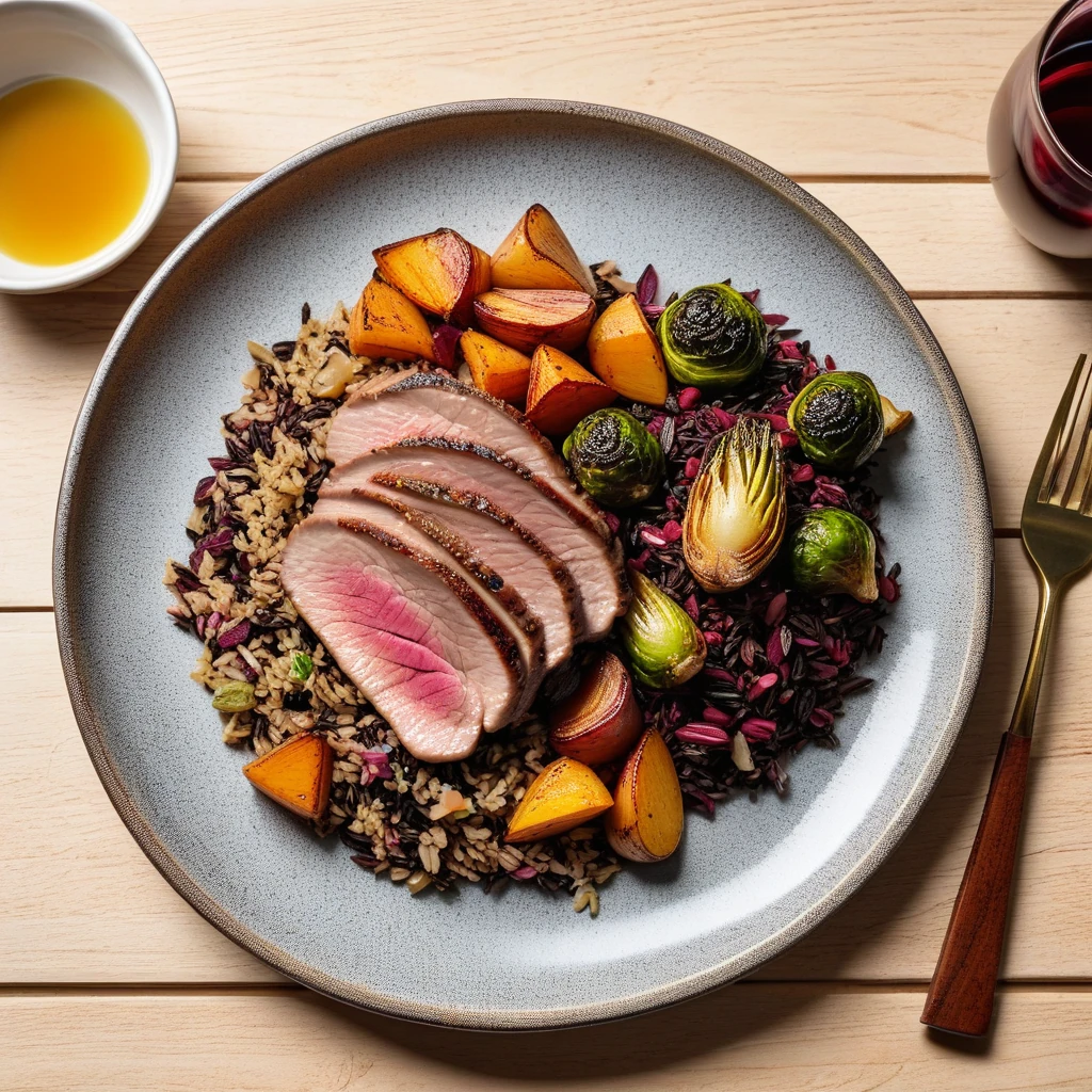 Pan-Seared Duck Breast with Wild Rice and Roasted Root Vegetables