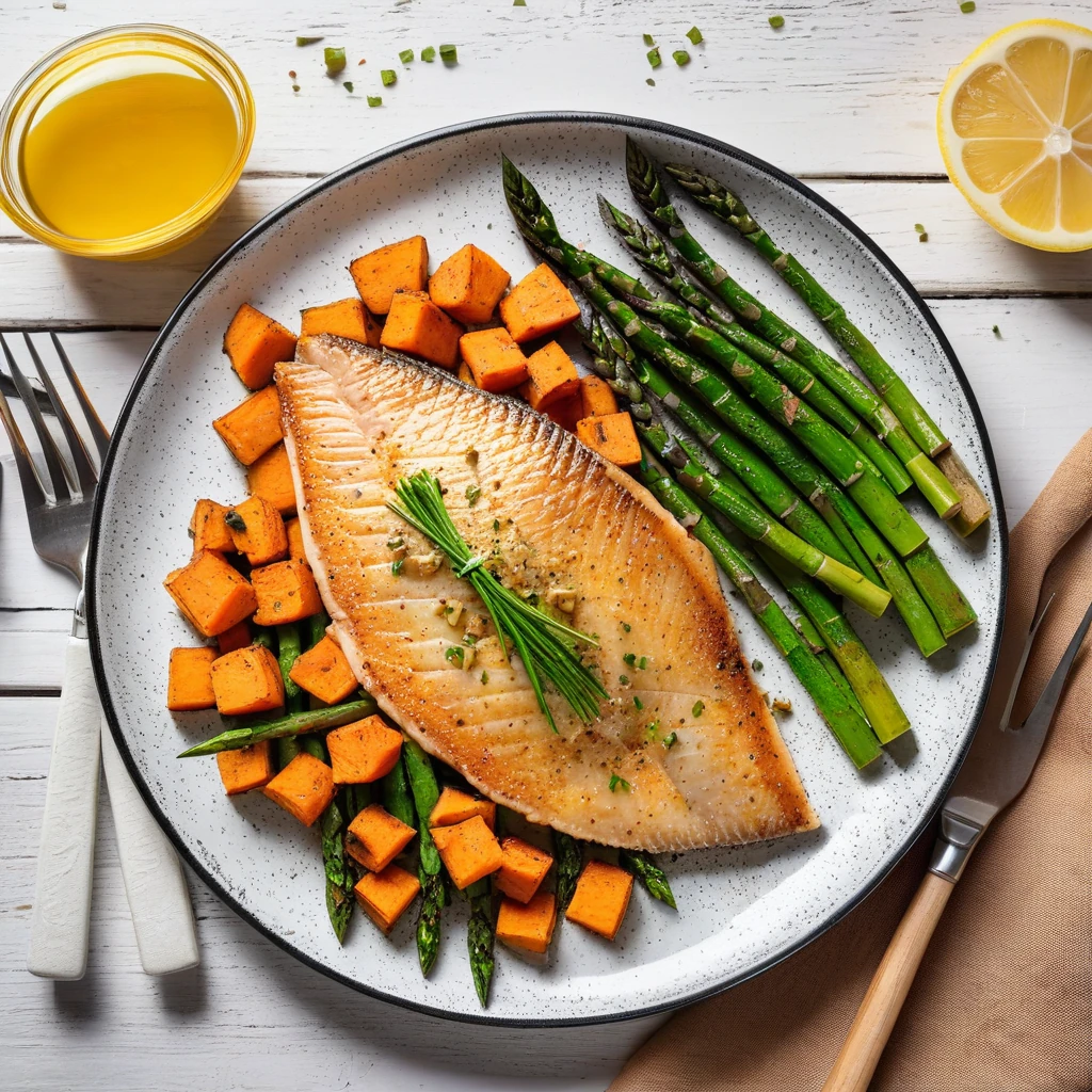 Pan-Seared Tilapia with Sweet Potato and Asparagus