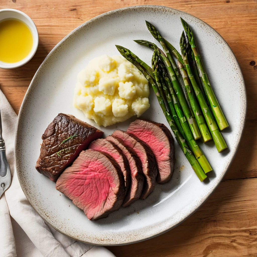 Pan-Seared Beef Tenderloin with Garlic Mashed Potatoes and Steamed Asparagus