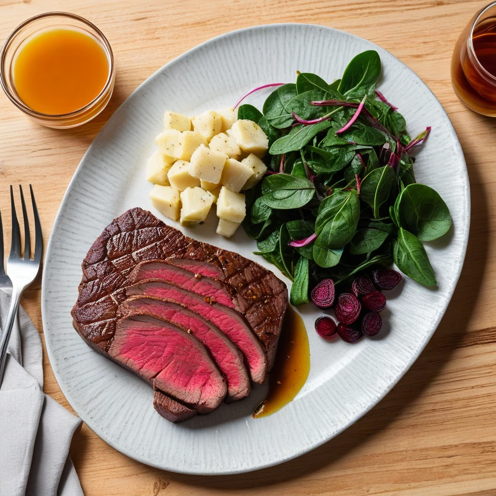 Rindersteaks mit gerösteten Kartoffeln und Gemüsesalat
