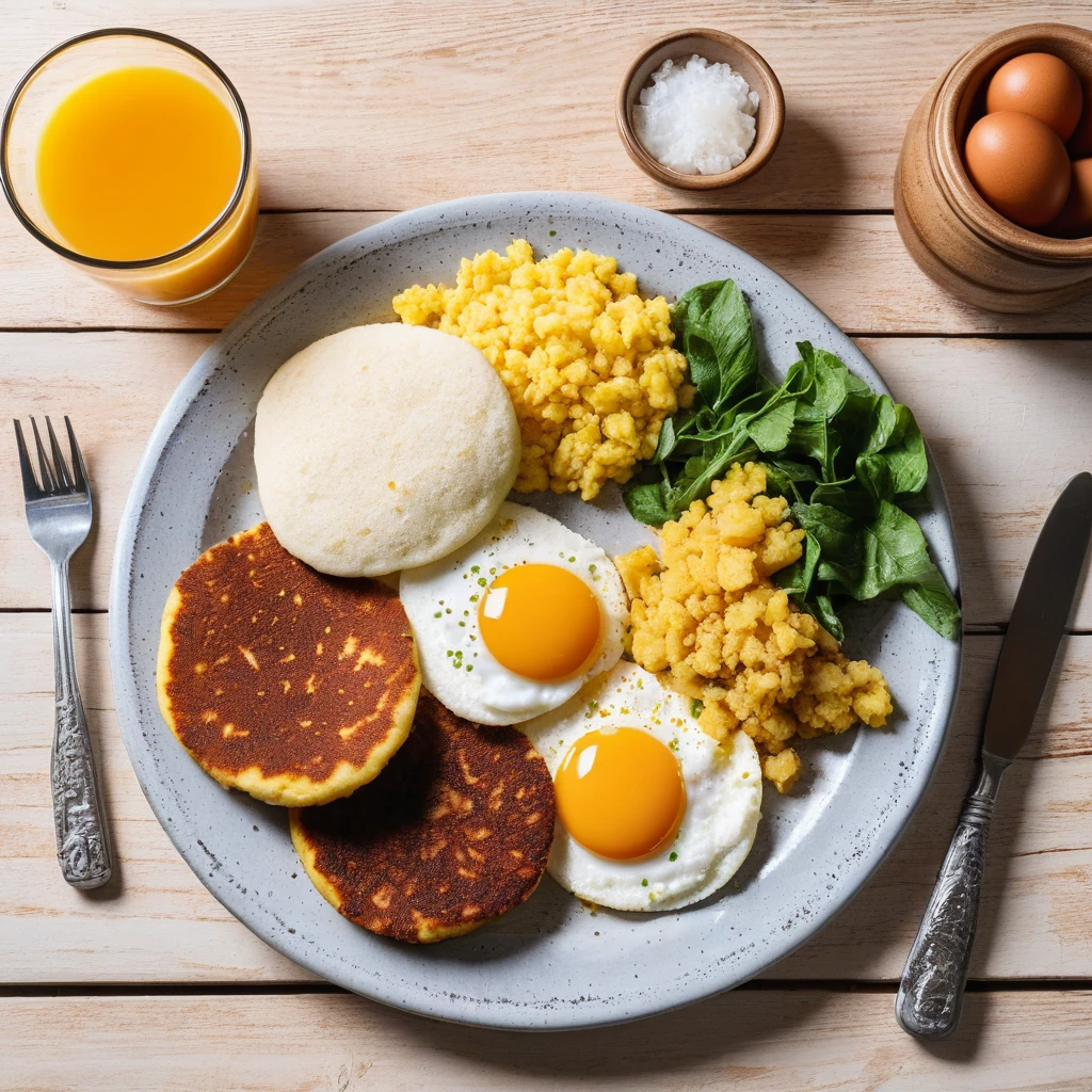 Desayuno Latinoamericano con Huevos y Arepa