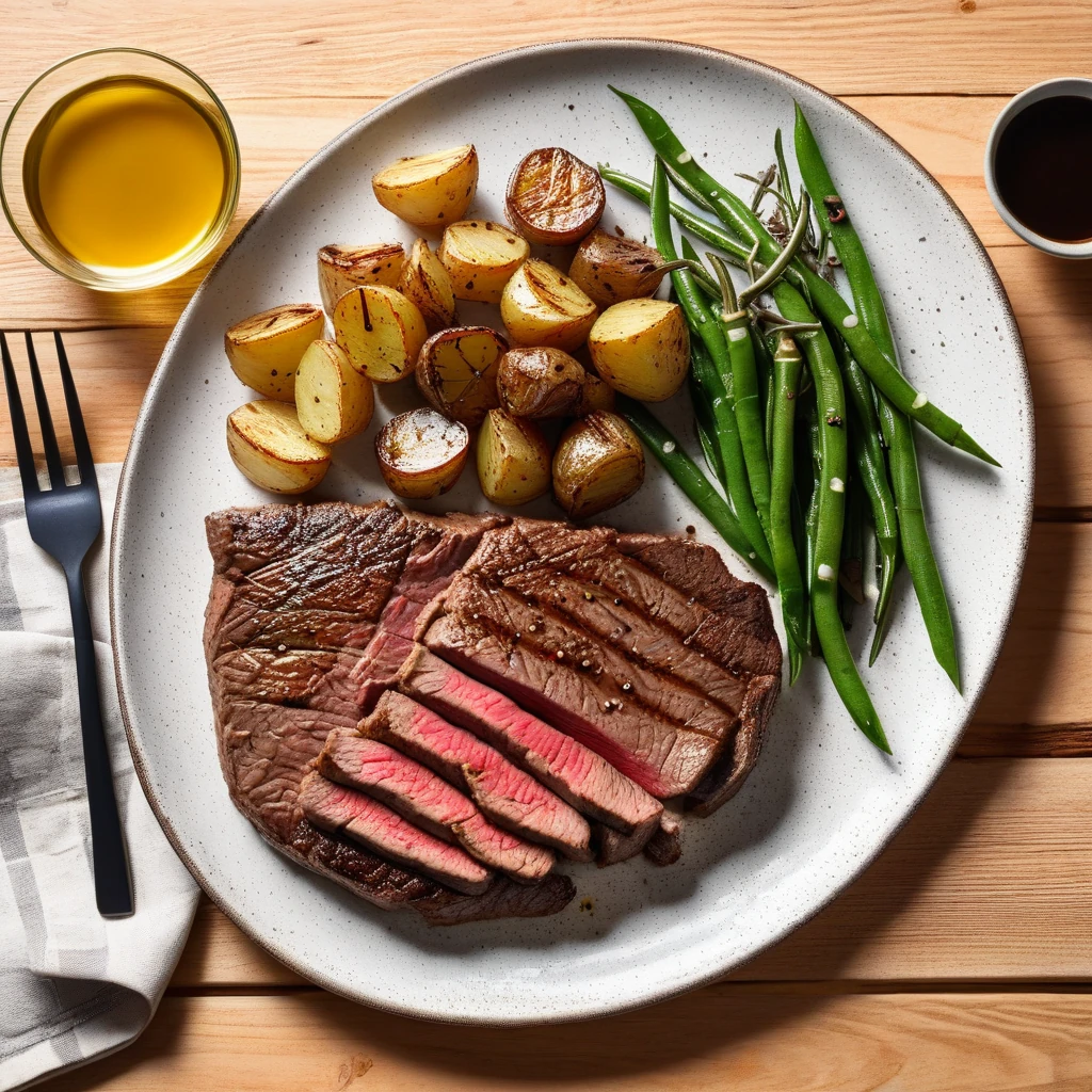 Grilled Lean Beef Steak with Roasted Potatoes and Green Beans