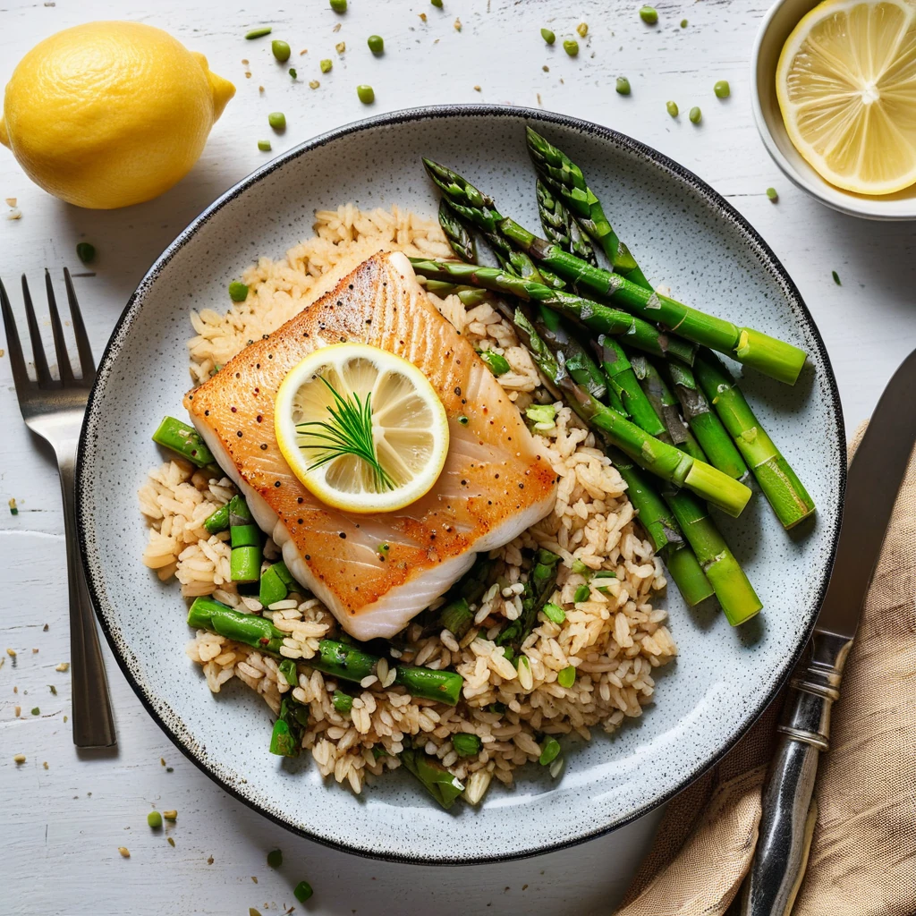 Pan-Seared Cod with Brown Rice and Asparagus