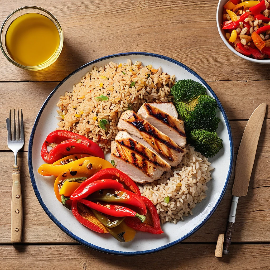 Grilled Chicken Breast with Brown Rice and Roasted Bell Peppers