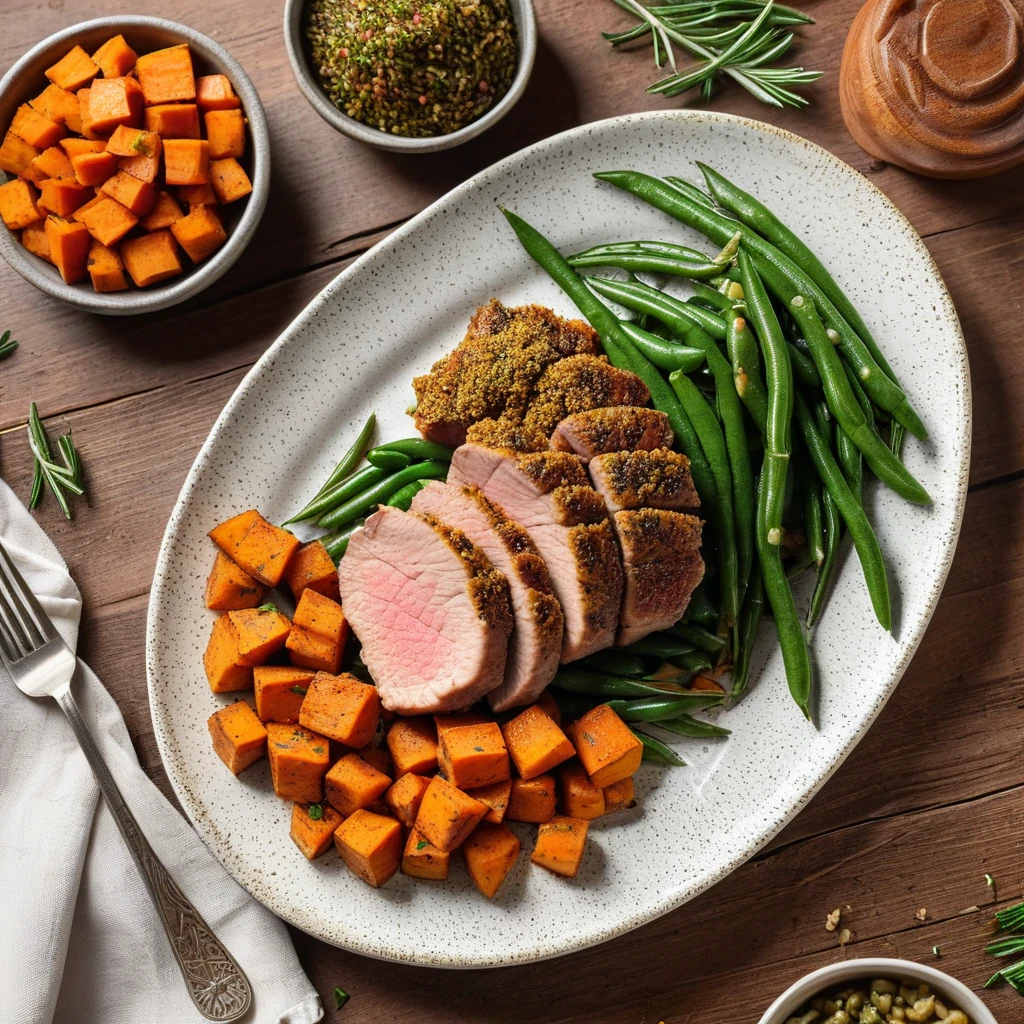 Herb-Crusted Pork Tenderloin with Sweet Potato and Green Beans