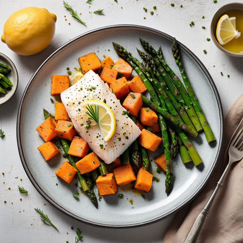 Lemon Herb Cod with Sweet Potato and Asparagus