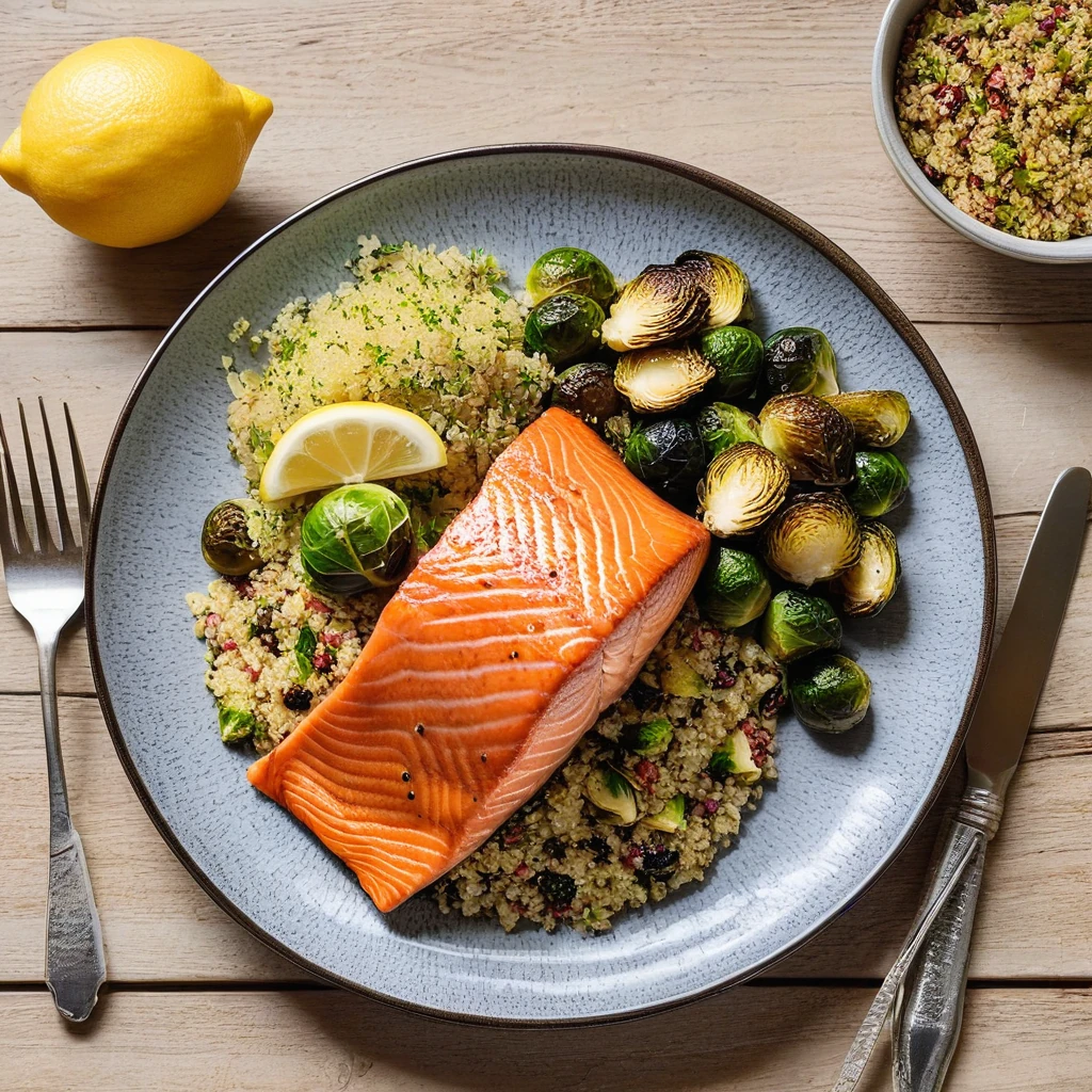 Baked Salmon with Roasted Brussels Sprouts and Quinoa