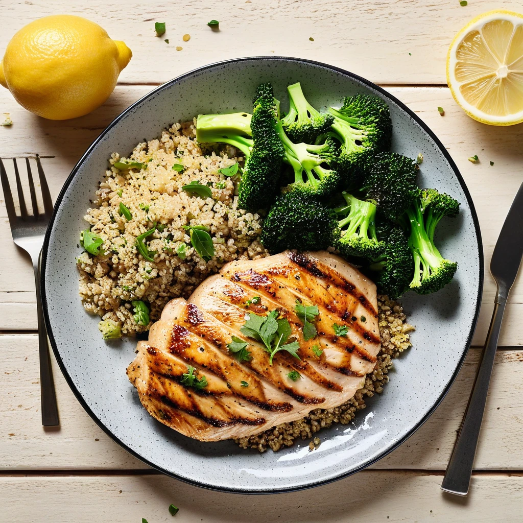 Lemon Herb Grilled Chicken with Quinoa and Steamed Broccoli