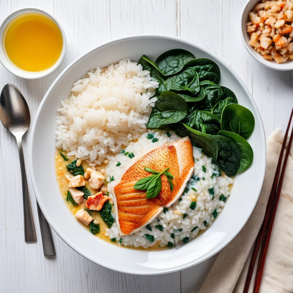 Coconut Rice Porridge with Tilapia and Spinach