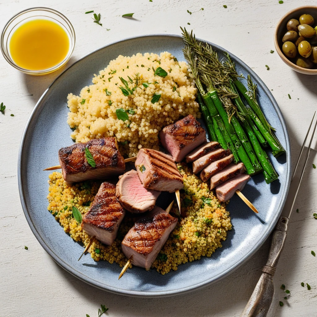 Brochettes de Porc aux Herbes avec Couscous et Légumes Grillés