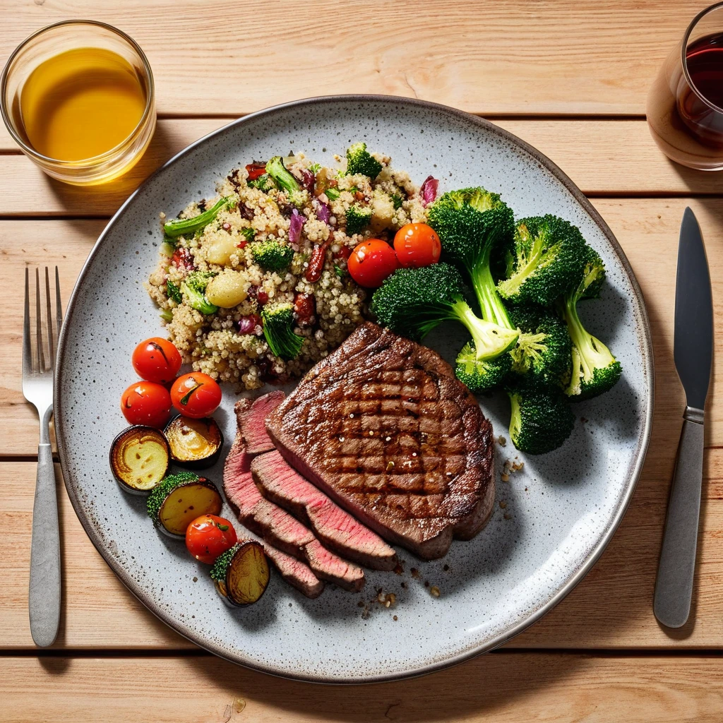 grilled sirloin steak with quinoa and roasted vegetables