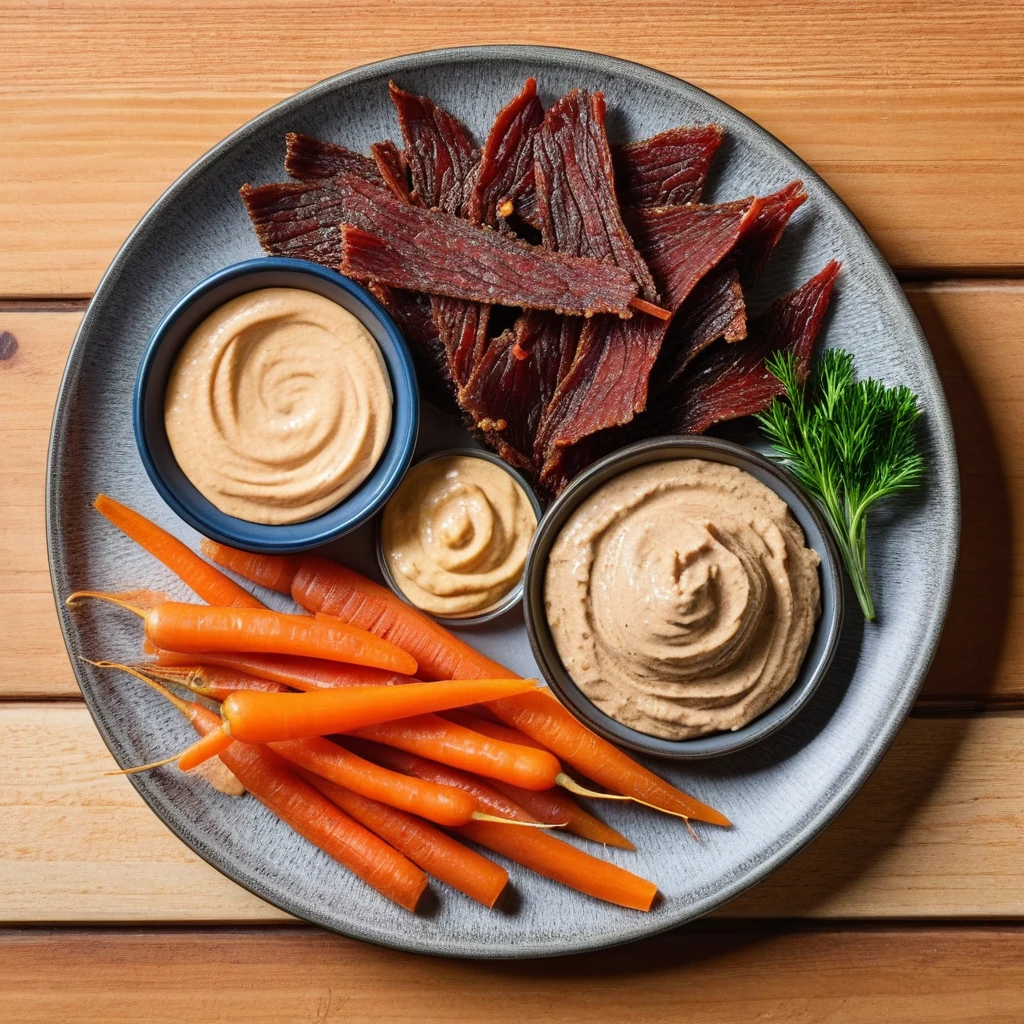 Beef Jerky Snack with Carrots and Hummus