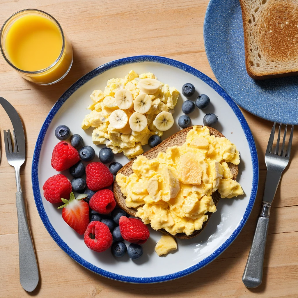 Scrambled Eggs with Toast and Fresh Fruit