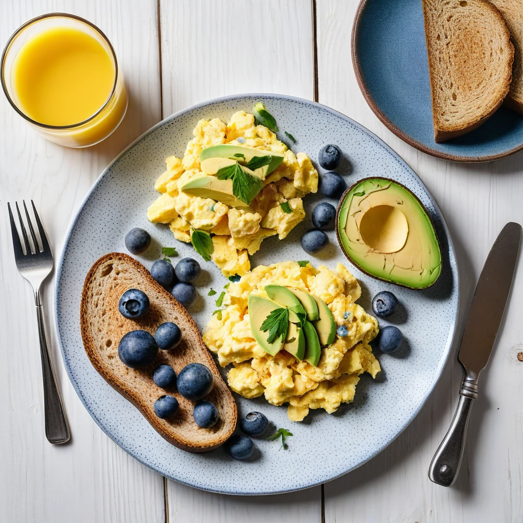 Scrambled Eggs with Toast and Avocado