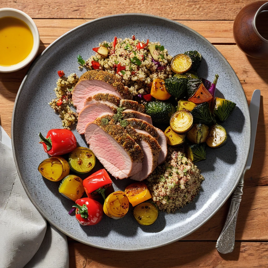 Herb-Crusted Pork Tenderloin with Roasted Vegetables and Quinoa