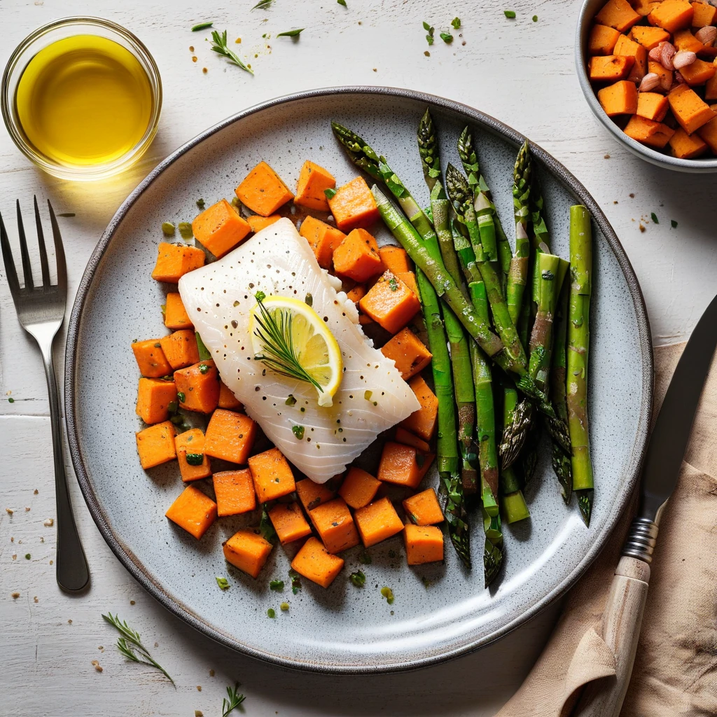 Baked Cod with Sweet Potato and Asparagus