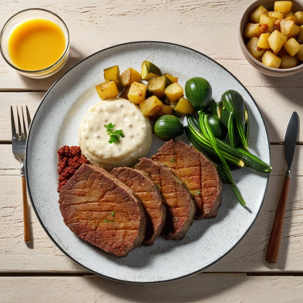 Filete de Res con Puré de Papas y Verduras Asadas