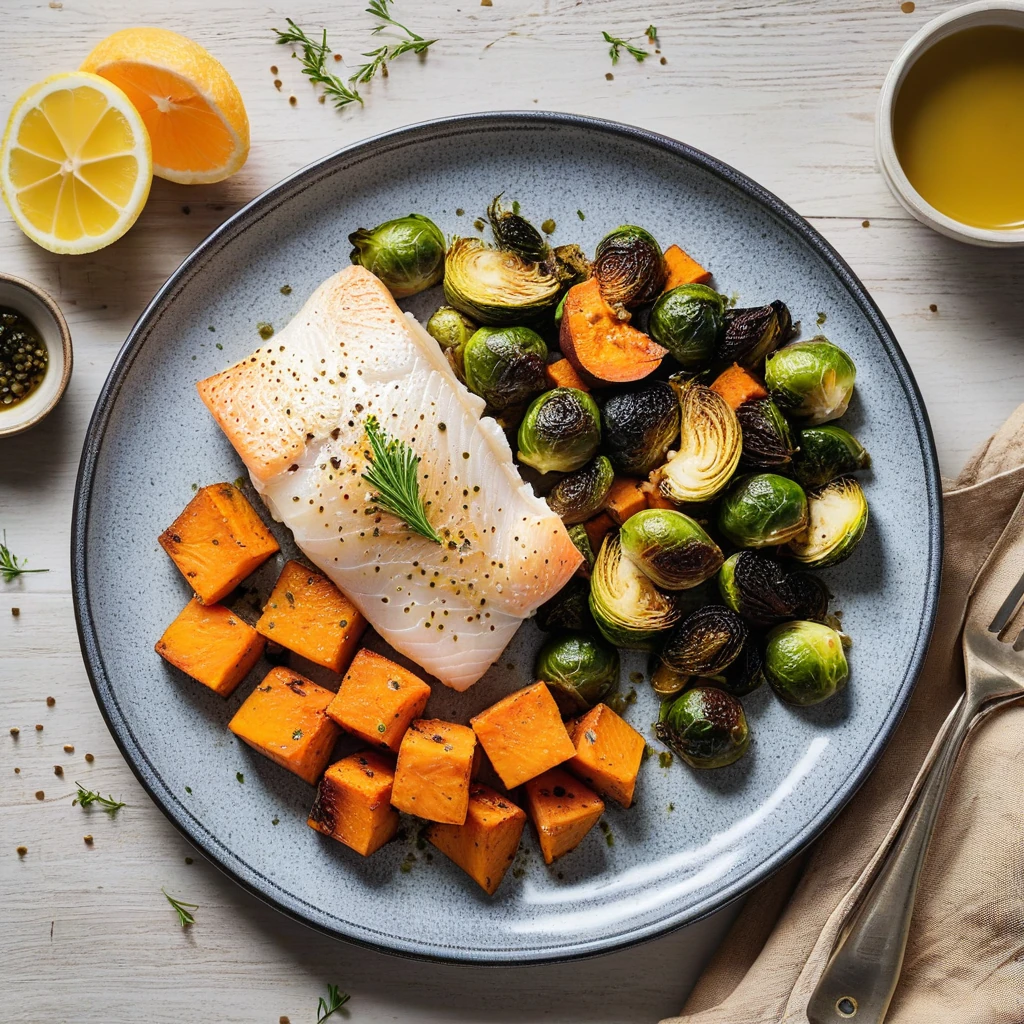 Baked Cod with Roasted Brussels Sprouts and Sweet Potato