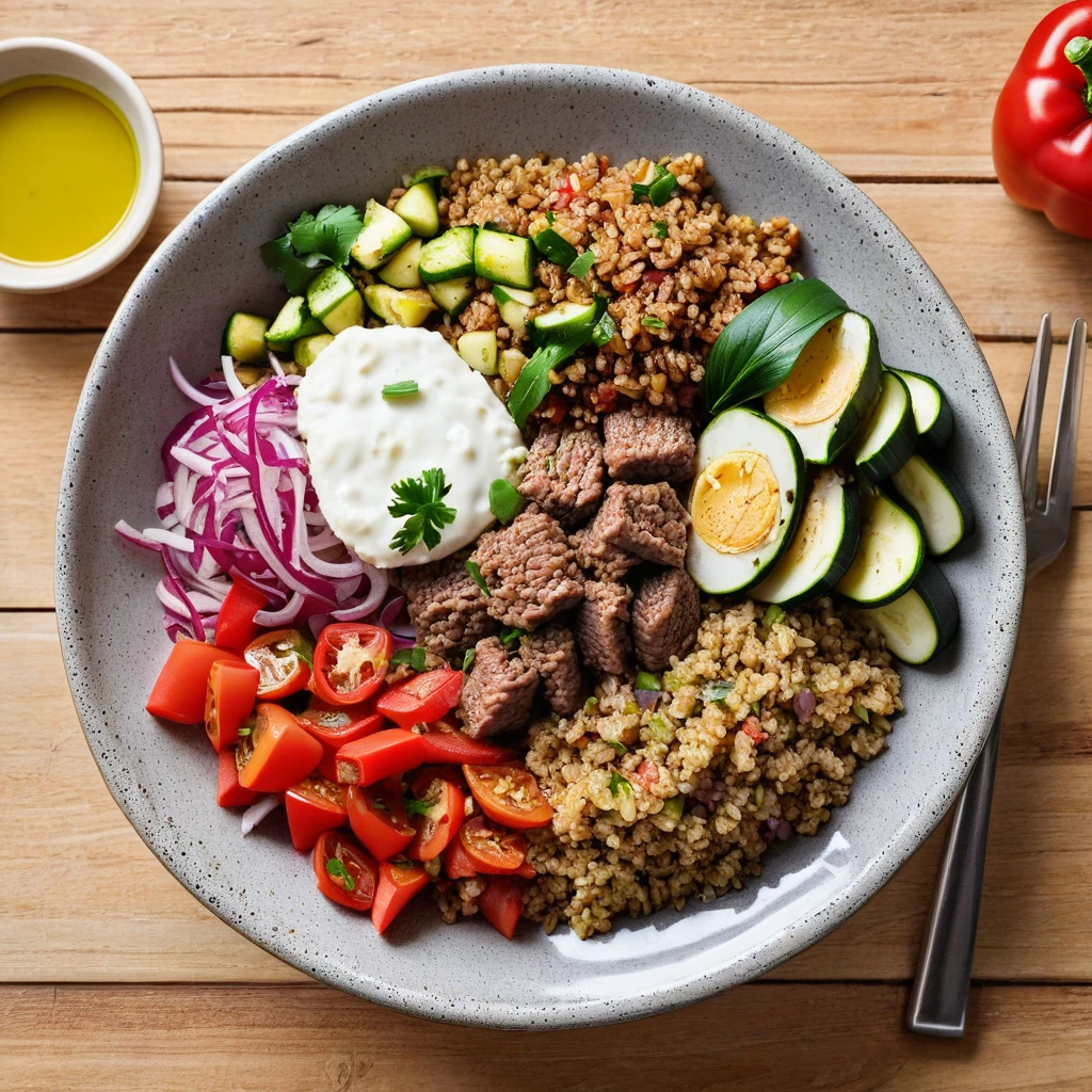 lamb and bulgur mediterranean bowl