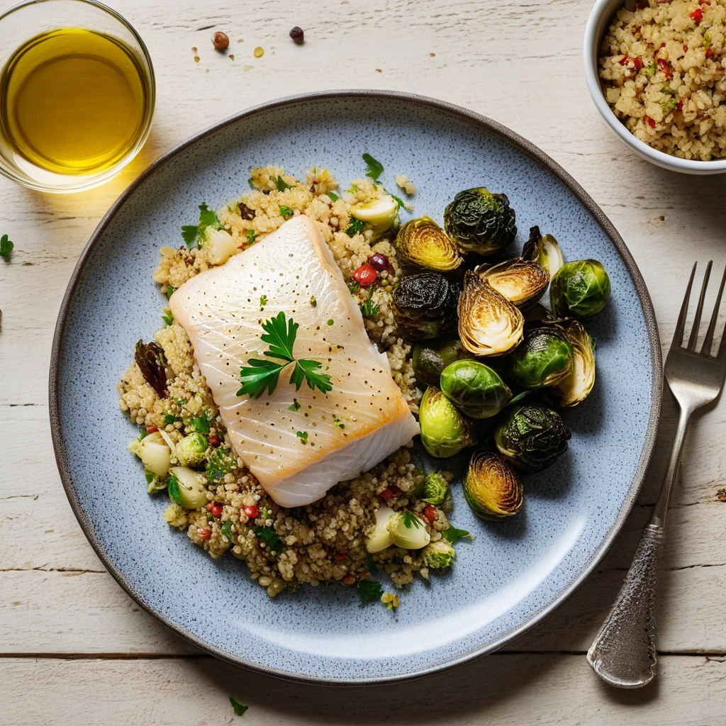 Baked Cod with Quinoa Pilaf and Roasted Brussels Sprouts