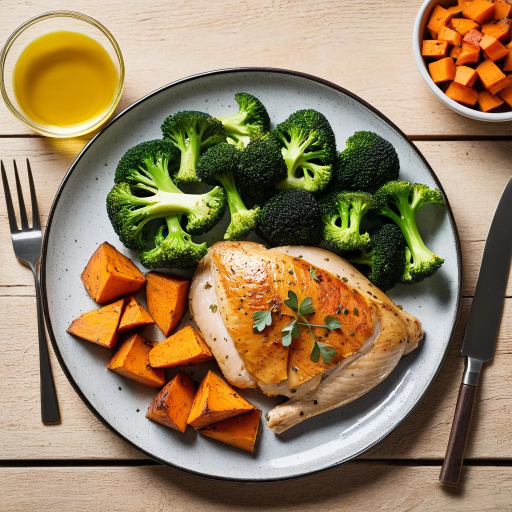 Roasted Chicken Breast with Sweet Potato and Steamed Broccoli