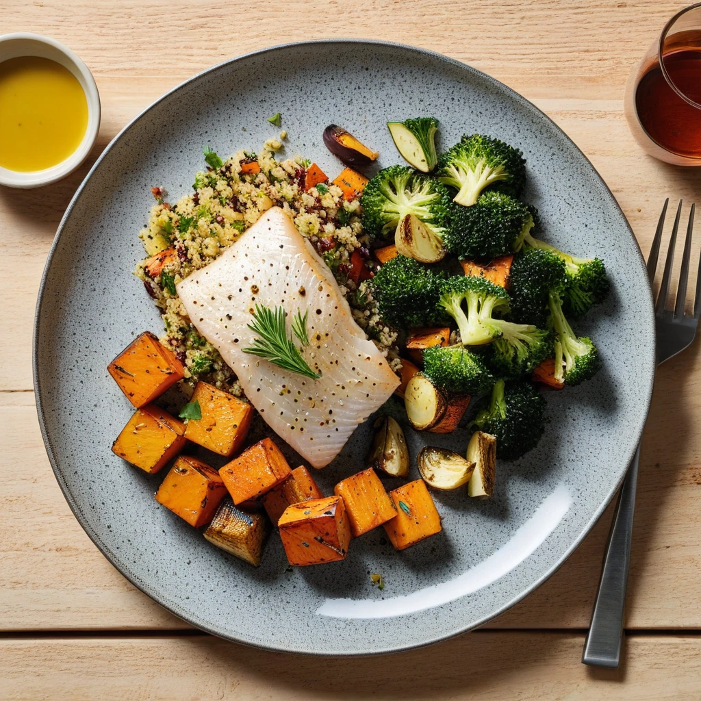 herb-crusted cod with quinoa pilaf and roasted vegetables