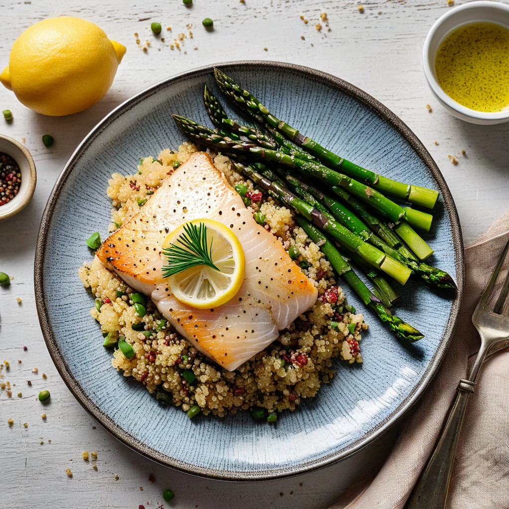 Pan-Seared Cod with Quinoa and Roasted Asparagus