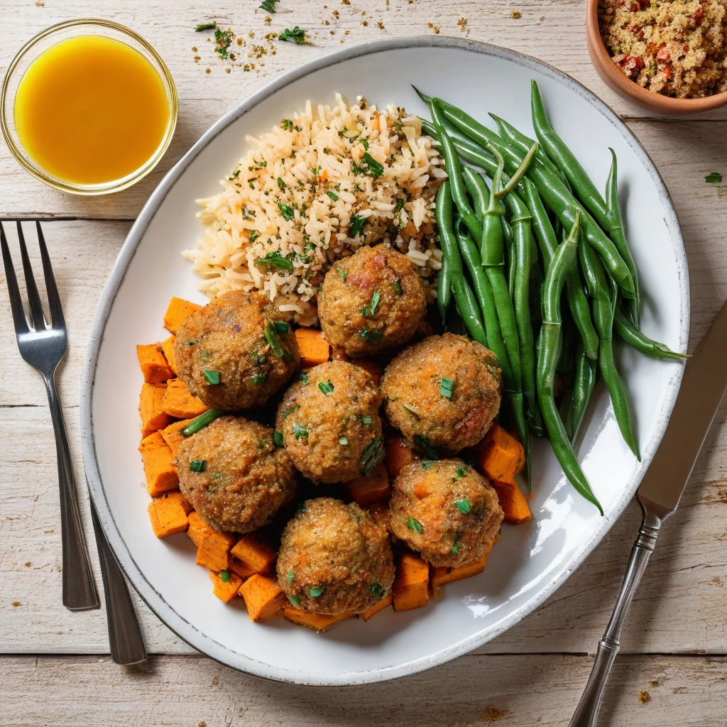 Herb Turkey Meatballs with Sweet Potato and Green Beans