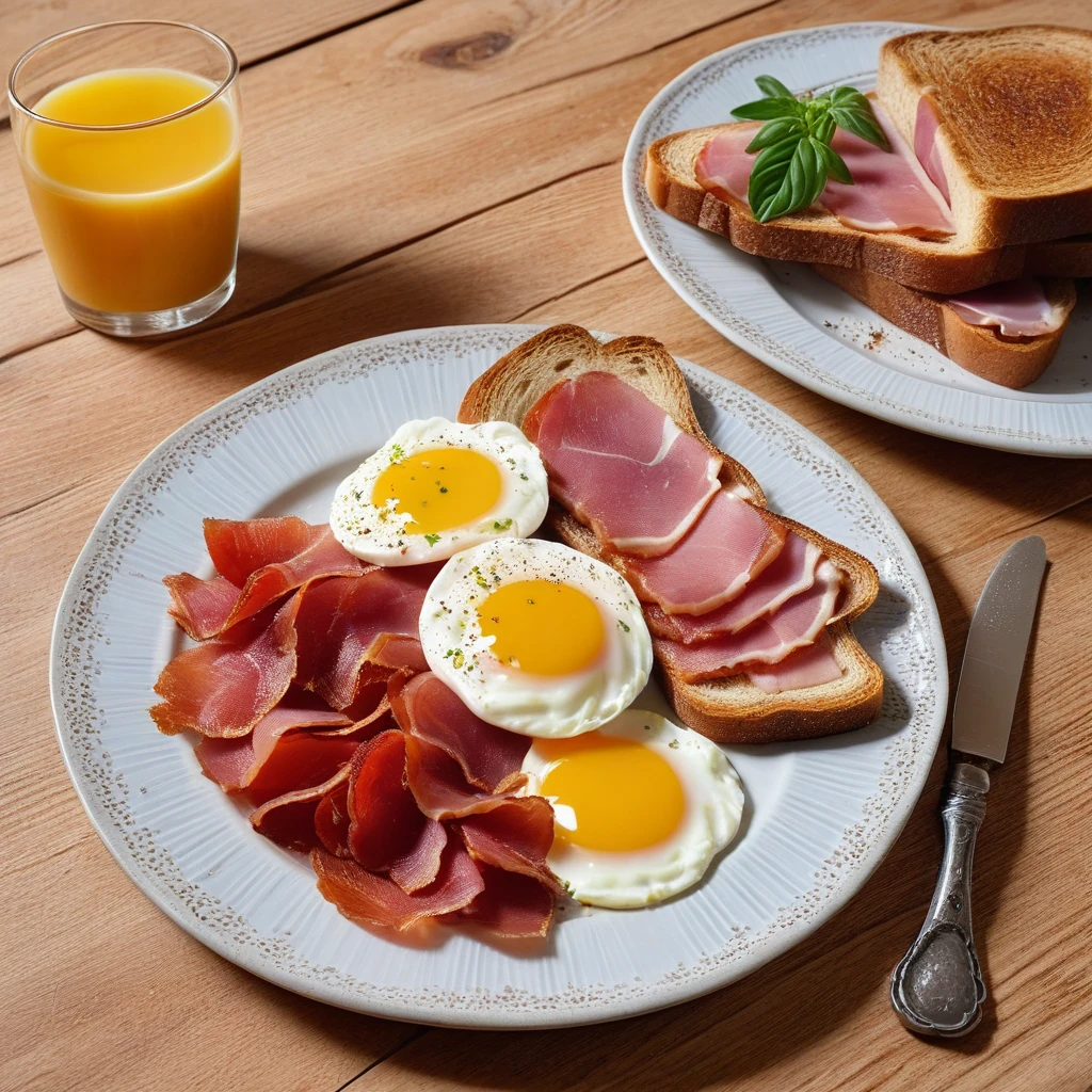 Rührei mit Vollkorntoast und Speck