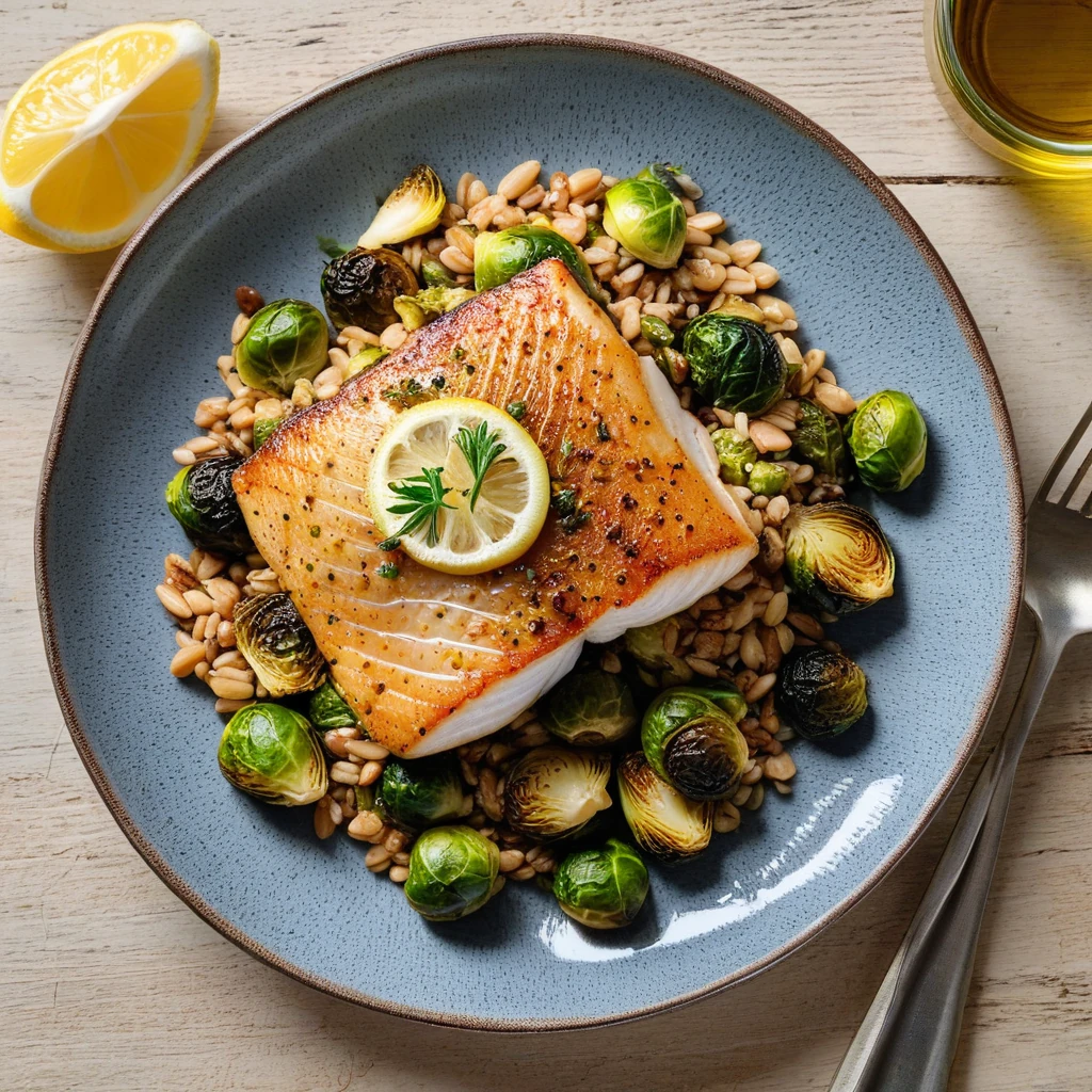 Pan-Seared Cod with Roasted Brussels Sprouts and Farro