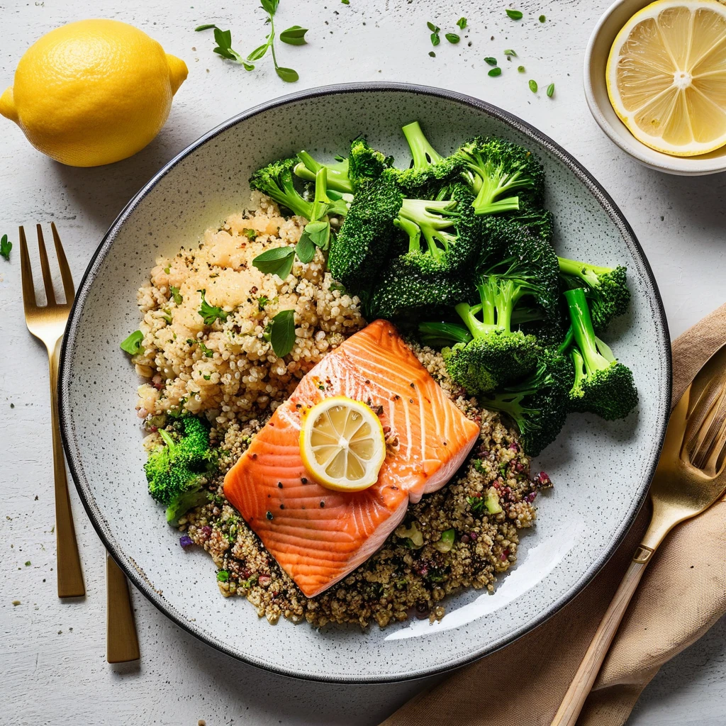 Lemon Herb Baked Salmon with Quinoa and Steamed Broccoli