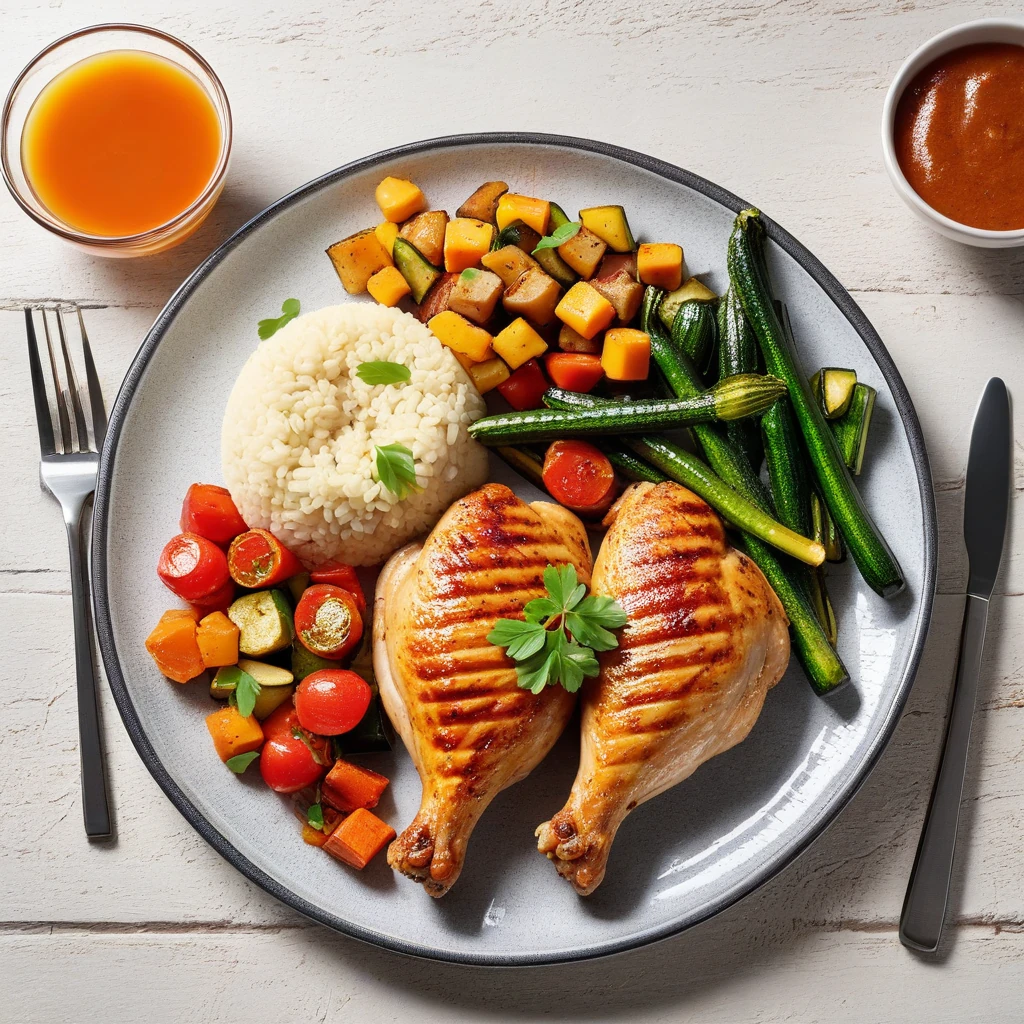 Poulet Grillé avec Pâtes Complètes et Légumes Sautés