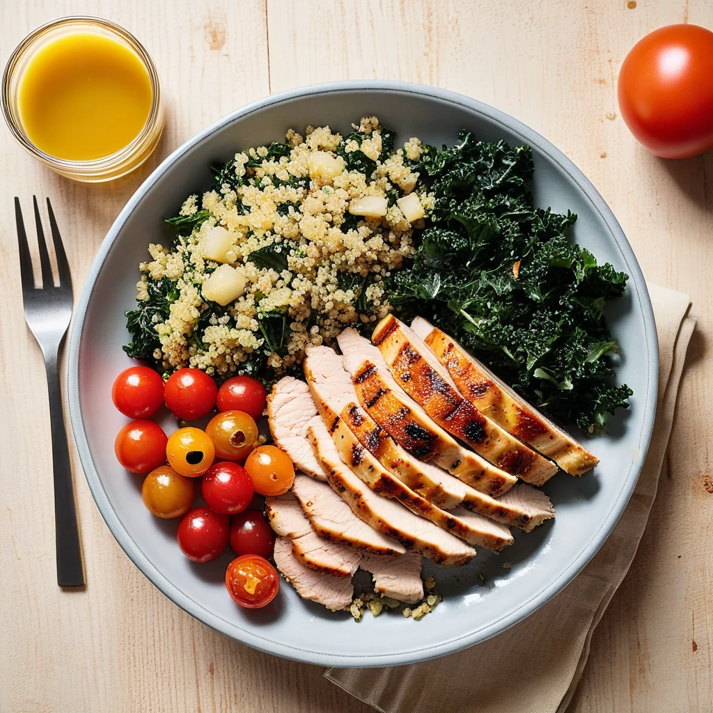 Quinoa & Grilled Chicken Salad with Kale and Citrus Dressing