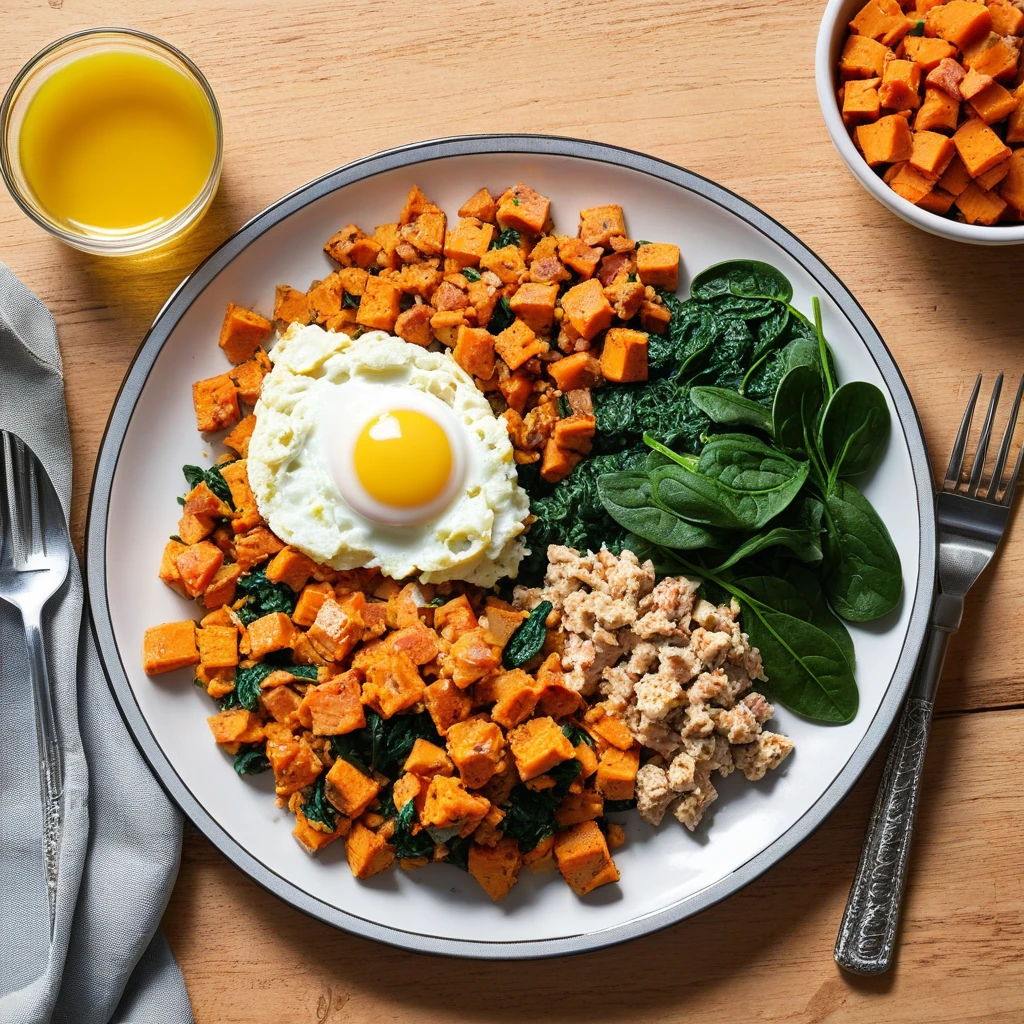 Turkey and Spinach Scramble with Sweet Potato Hash