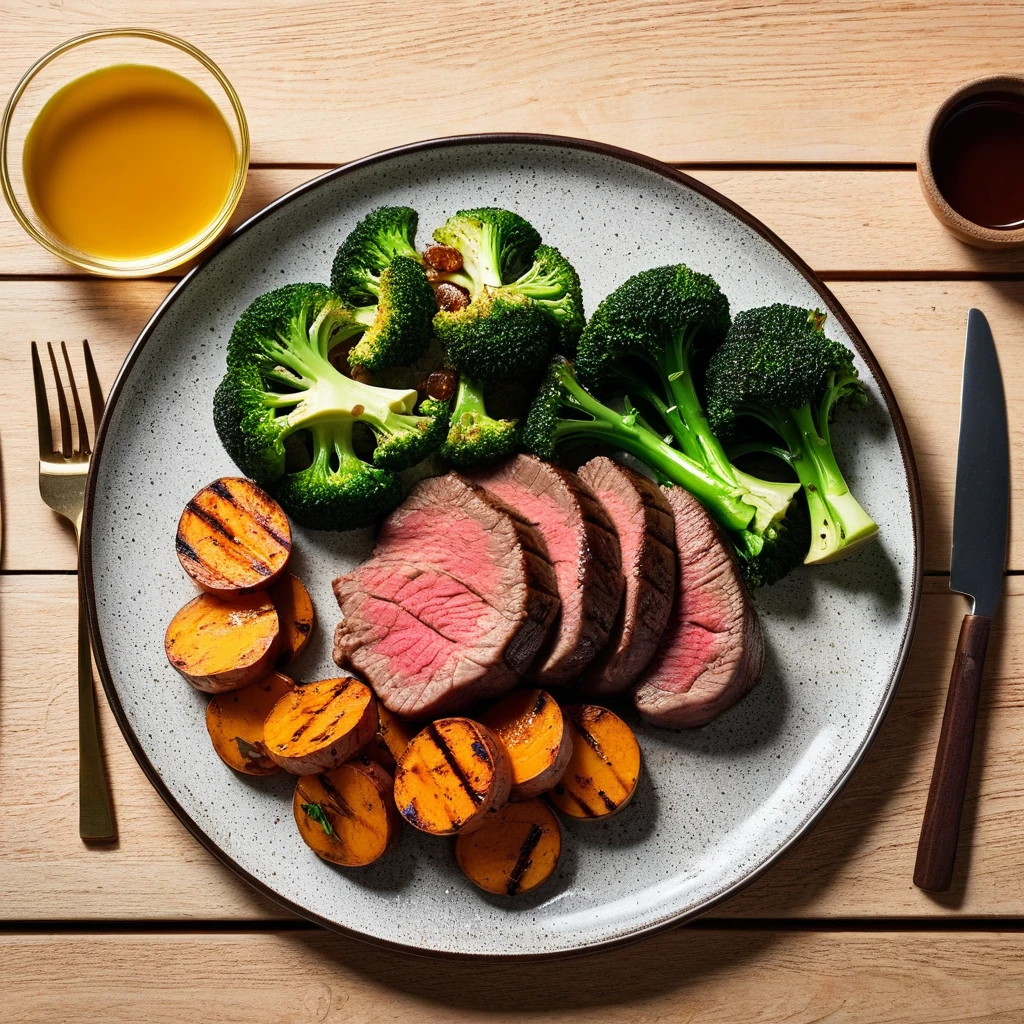 Grilled Beef Tenderloin with Roasted Sweet Potato and Broccoli