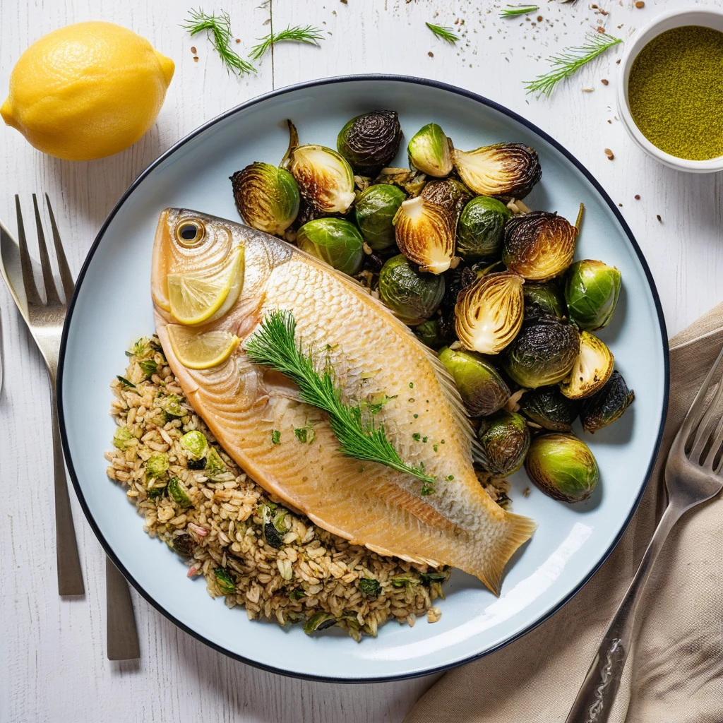 Baked Tilapia with Roasted Brussels Sprouts and Whole Grain Pilaf