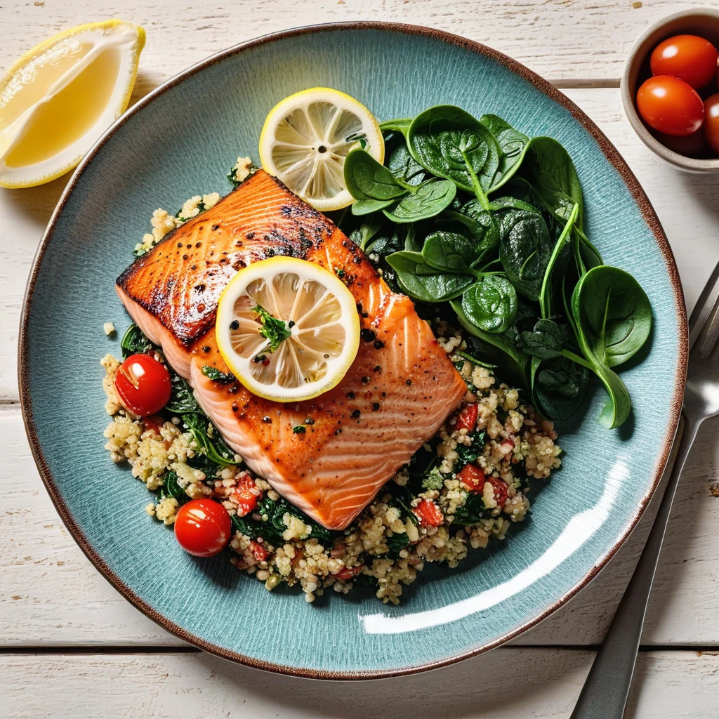 Grilled Lemon Herb Salmon with Quinoa and Spinach Salad