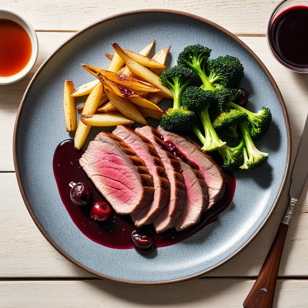 Pan-Seared Duck Breast with Cherry Gastrique and Roasted Parsnips