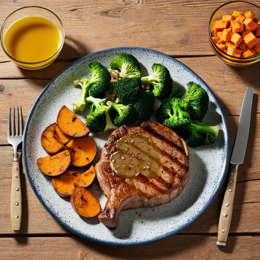 Grilled Pork Chop with Sweet Potato and Broccoli