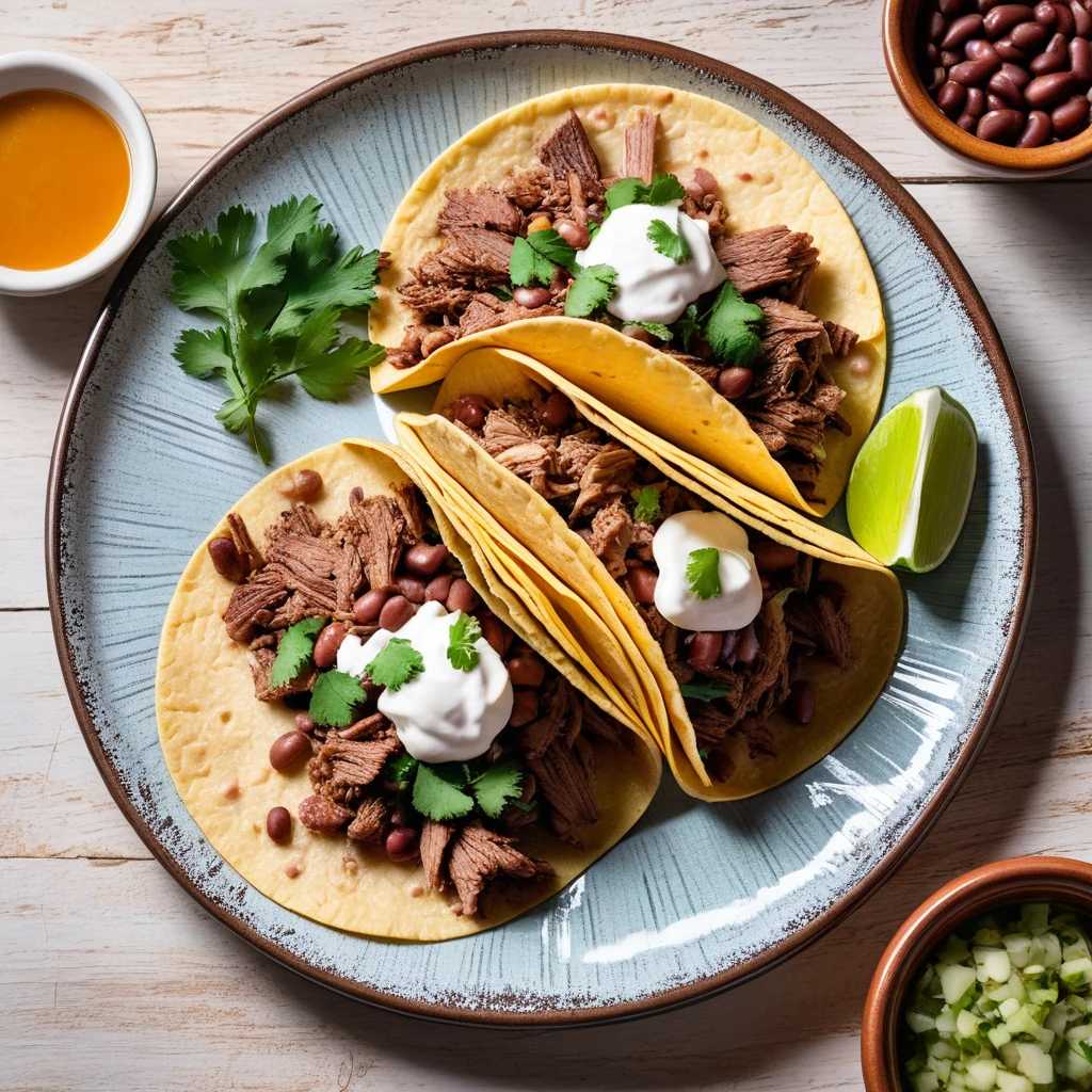Tacos de Carnitas con Frijoles Refritos