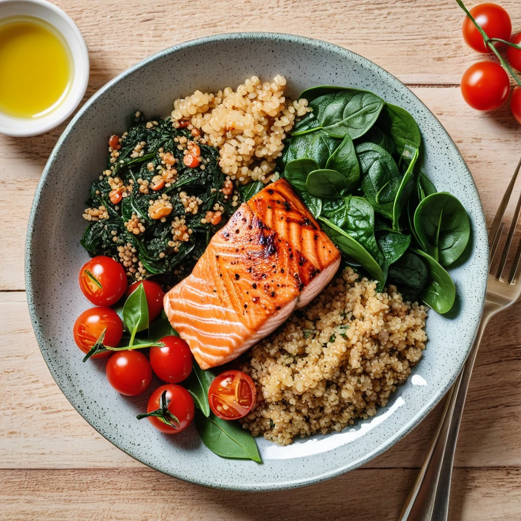 Savory Quinoa and Spinach Bowl with Grilled Salmon