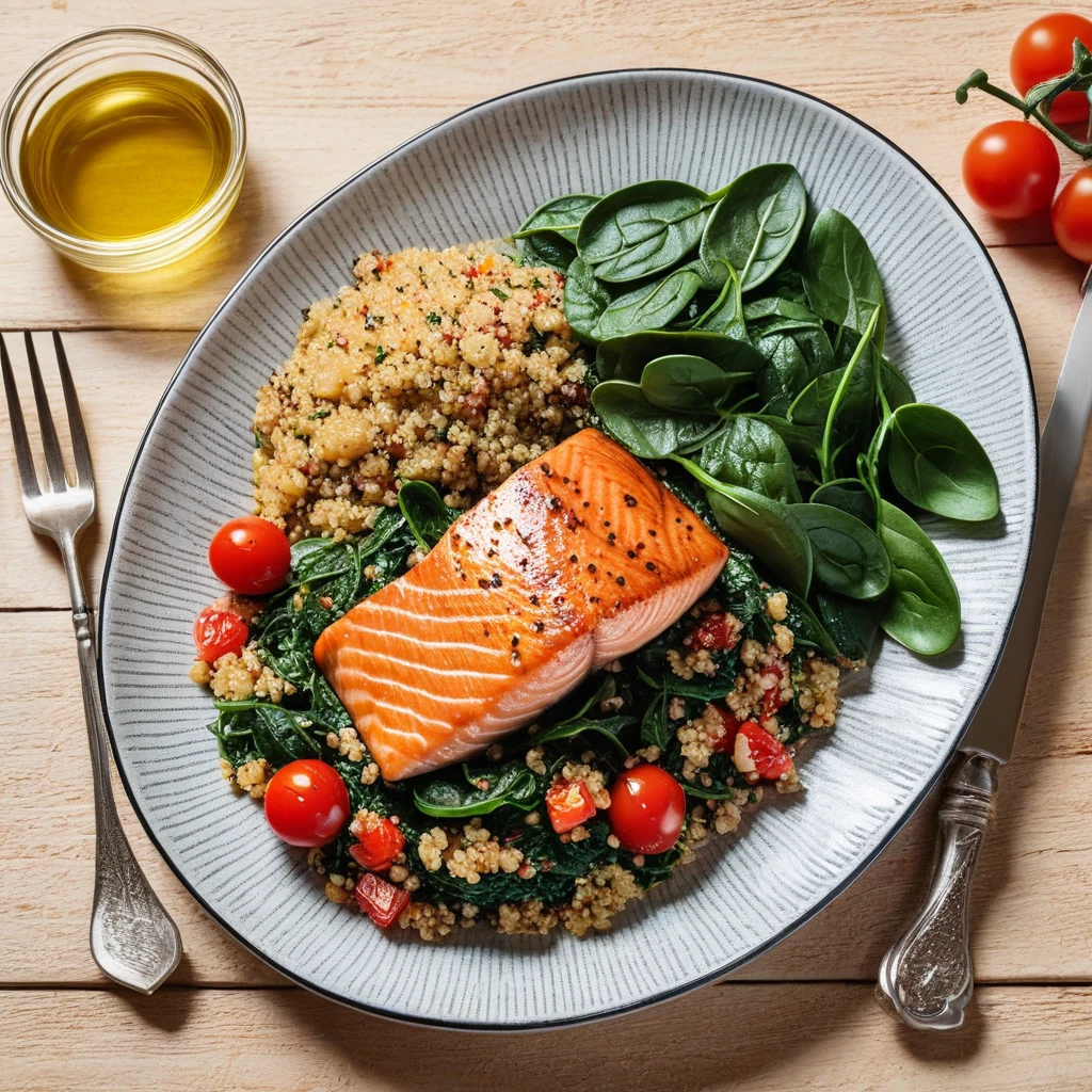 Baked Salmon with Quinoa and Spinach Salad