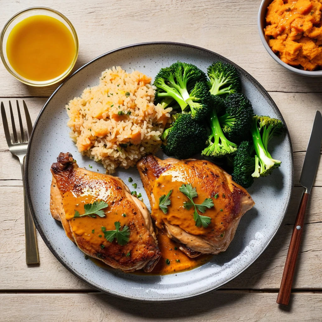 Baked Chicken Thighs with Sweet Potato Mash and Steamed Broccoli