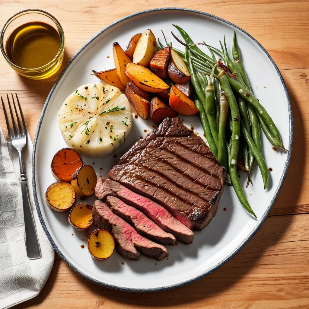 Grilled Lean Steak with Roasted Root Vegetables and Green Beans