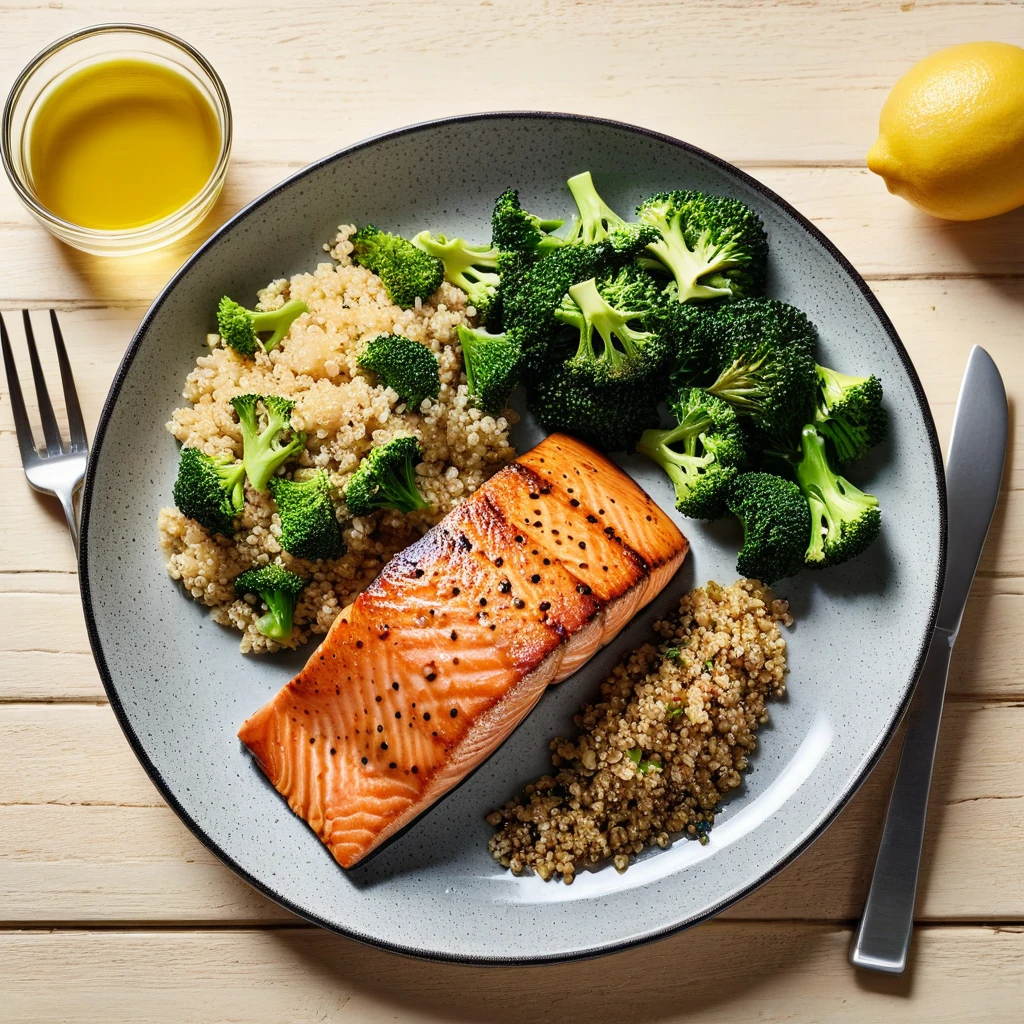 Grilled Salmon with Quinoa and Steamed Broccoli