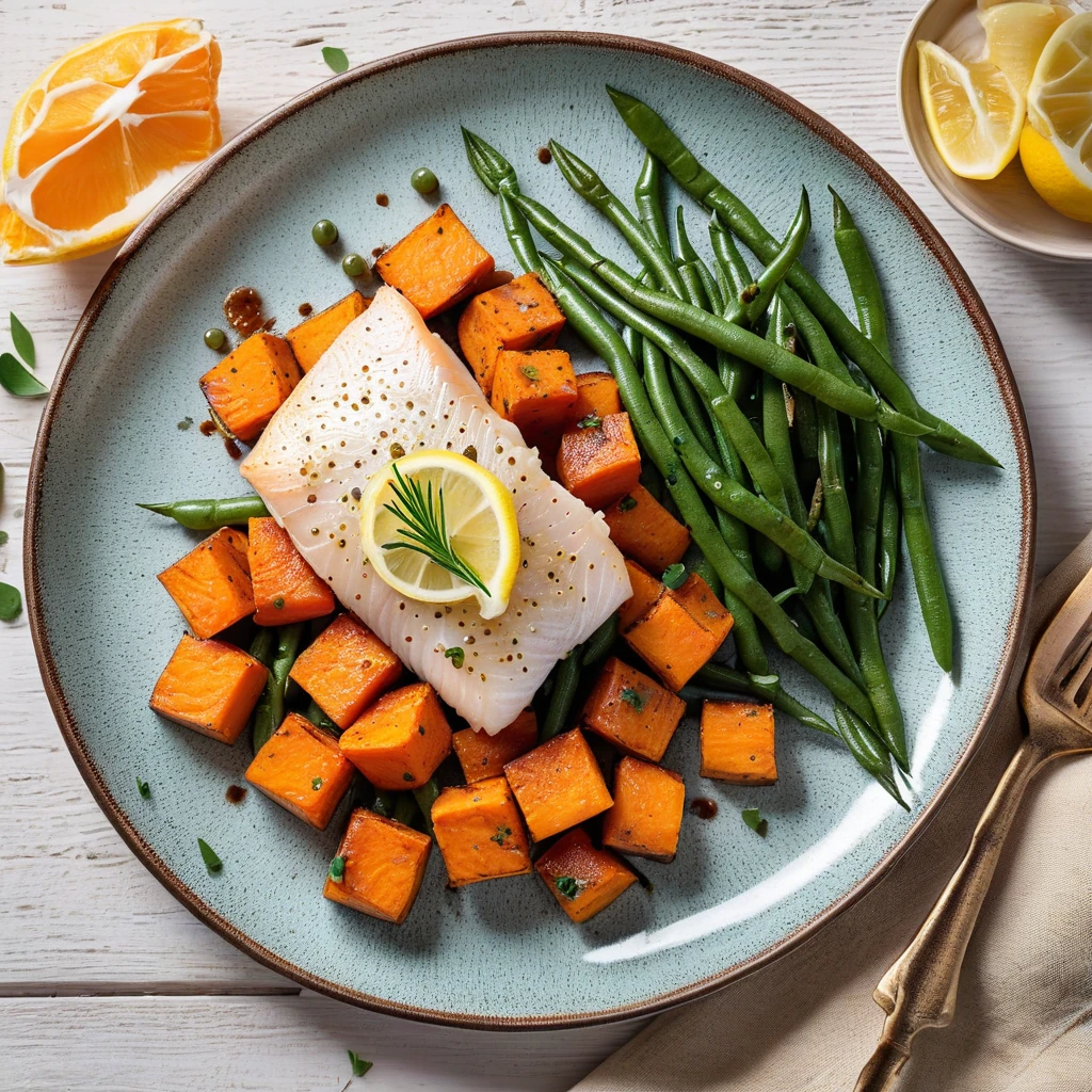 Baked Cod with Roasted Sweet Potato and Green Beans